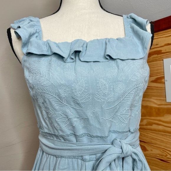 Altar’d State Blue Chambray Floral Embroidered Smocked Ruffle Mini Dress Medium - Picture 4 of 7